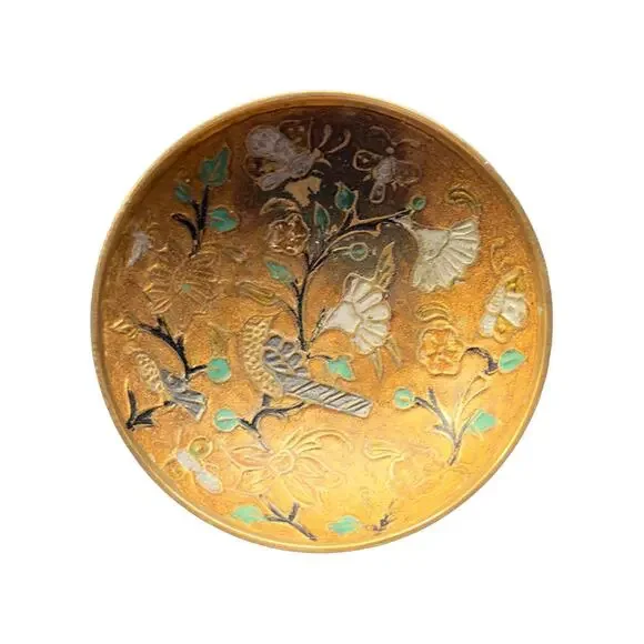 Brass Cloisonné Decorative Trinket Pedestal Dish/Bowl Birds Flowers Vtg 1970s - Picture 3 of 7